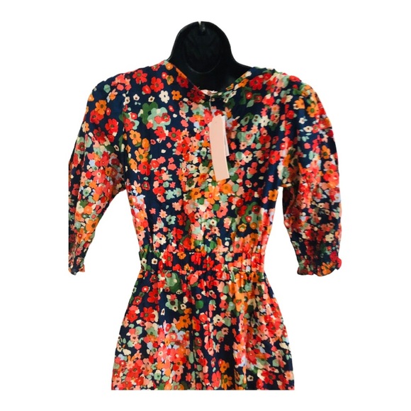 Red orange floral multi midriff cut out cotton v-neck midi dress size medium new - Picture 10 of 16